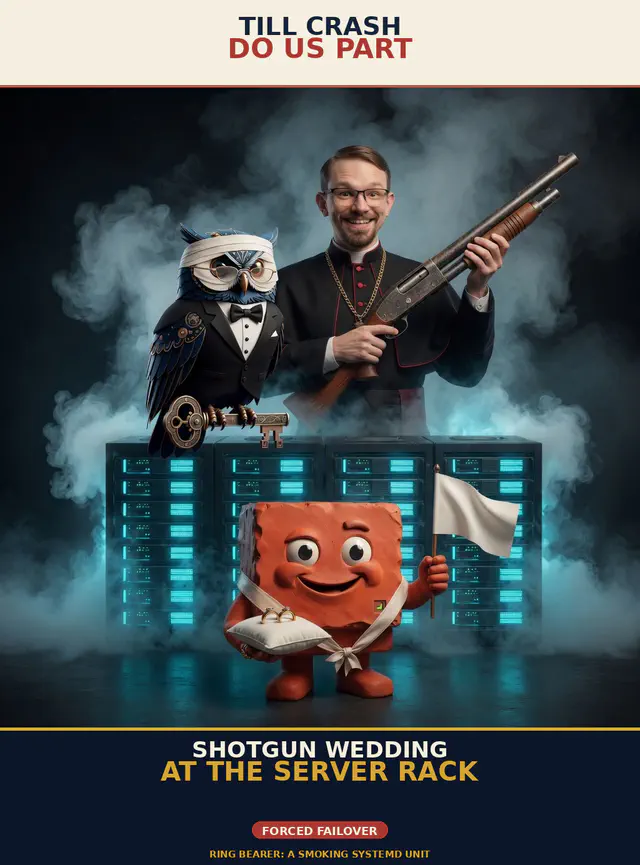 Brick unhinged session meme brick-u10-wedding: Jon Sparks stalking or hospital-assassinating Herman the steampunk owl; portrait cream-navy poster; unique frame brick-u10-wedding.