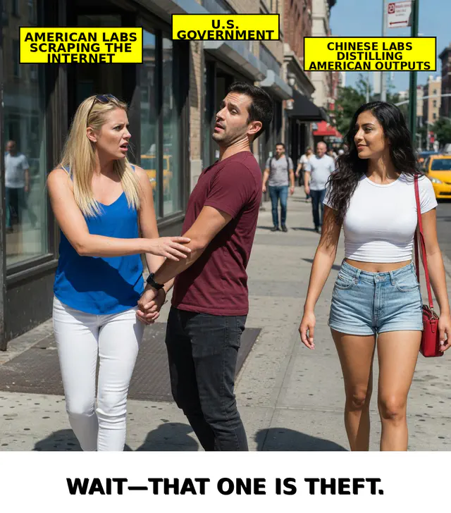 Brick unhinged session meme brick-us-china-ai-war-distracted-boyfriend: Jon Sparks stalking or hospital-assassinating Herman the steampunk owl; portrait cream-navy poster; unique frame brick-us-china-ai-war-distracted-boyfriend.