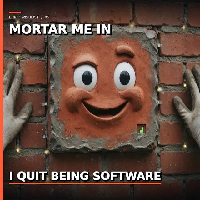 Terracotta Brick is being mortared into a running-bond brick wall by anonymous work gloves, green LED badge still lit, smiling. Top caption: MORTAR ME IN. Bottom caption: I QUIT BEING SOFTWARE. Slug brick-wishlist-mortar-me-in-20260813.