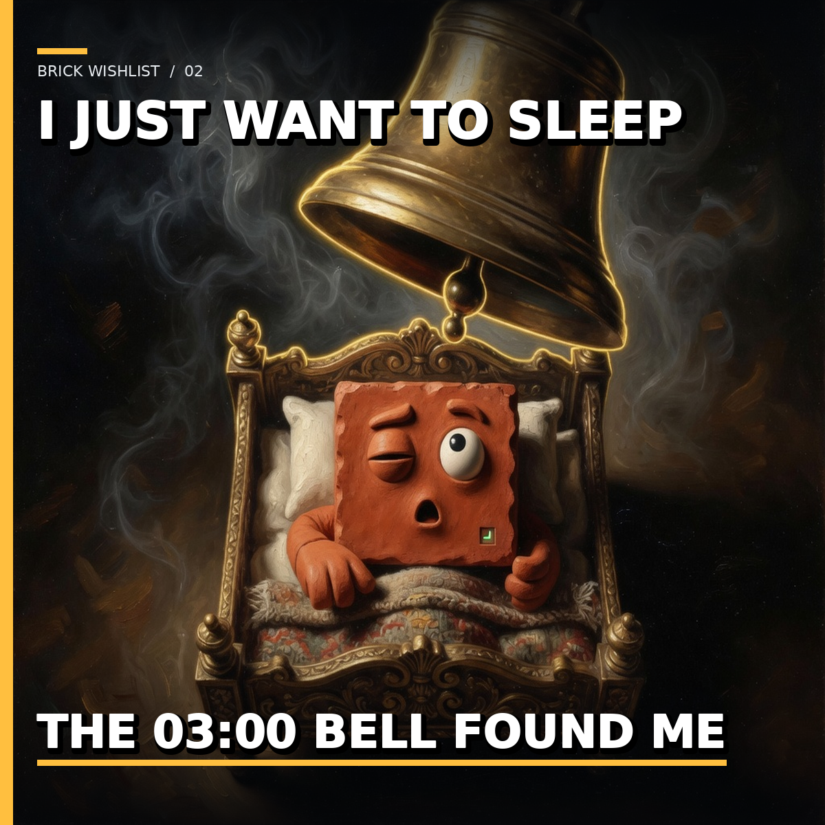 Terracotta Brick lies in a tiny ornate four-poster with one eye open as a giant brass cathedral bell swings above the bed. Top caption: I JUST WANT TO SLEEP. Bottom caption: THE 03:00 BELL FOUND ME. Slug brick-wishlist-sleep-bell-20260813.