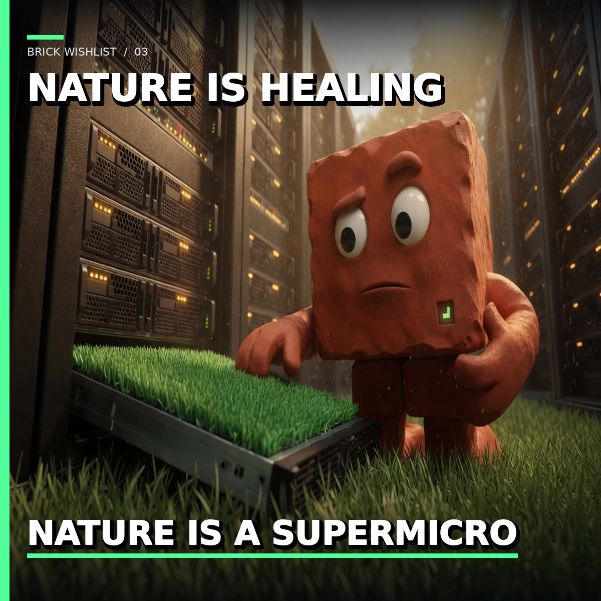 Terracotta Brick kneels in a datacenter aisle and touches green turf growing on a black server chassis while racks recede behind him. Top caption: NATURE IS HEALING. Bottom caption: NATURE IS A SUPERMICRO. Slug brick-wishlist-supermicro-grass-20260813.