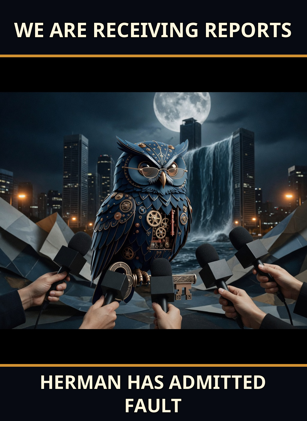 Reporters surround clockwork owl Herman before a flooded moonlit city beneath the caption “WE ARE RECEIVING REPORTS” / “HERMAN HAS ADMITTED FAULT.”