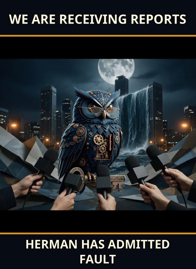 Reporters surround clockwork owl Herman before a flooded moonlit city beneath the caption “WE ARE RECEIVING REPORTS” / “HERMAN HAS ADMITTED FAULT.”