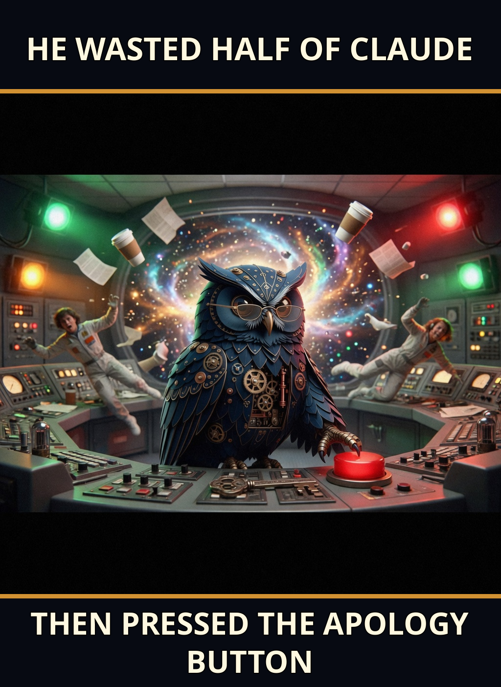 Clockwork owl Herman presses a large red button in chaotic mission control beneath the caption “HE WASTED HALF OF CLAUDE” / “THEN PRESSED THE APOLOGY BUTTON.”