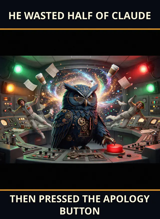 Clockwork owl Herman presses a large red button in chaotic mission control beneath the caption “HE WASTED HALF OF CLAUDE” / “THEN PRESSED THE APOLOGY BUTTON.”