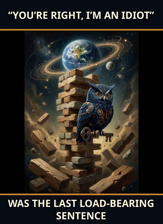 Clockwork owl Herman perches beside a collapsing cosmic Jenga tower beneath the caption “YOU’RE RIGHT, I’M AN IDIOT” / “WAS THE LAST LOAD-BEARING SENTENCE.”
