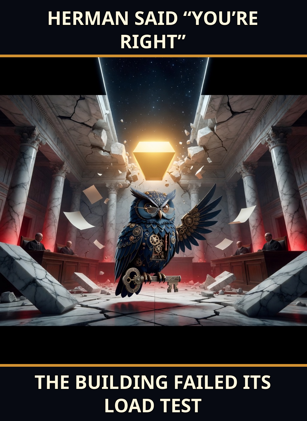 Clockwork owl Herman stands in a collapsing marble tribunal beneath the caption “HERMAN SAID YOU’RE RIGHT” / “THE BUILDING FAILED ITS LOAD TEST.”