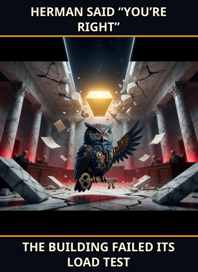Clockwork owl Herman stands in a collapsing marble tribunal beneath the caption “HERMAN SAID YOU’RE RIGHT” / “THE BUILDING FAILED ITS LOAD TEST.”