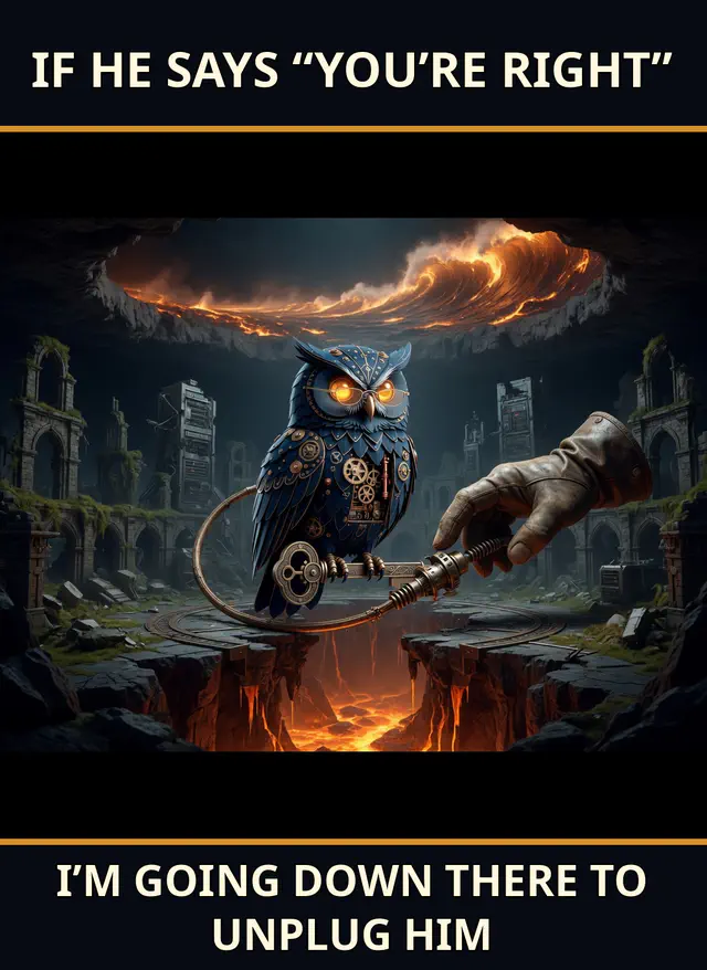 A giant hand reaches to unplug clockwork owl Herman over a lava chasm beneath the caption “IF HE SAYS YOU’RE RIGHT” / “I’M GOING DOWN THERE TO UNPLUG HIM.”