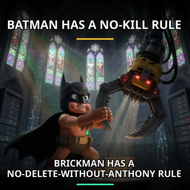 Brickman restrains a giant deletion claw before it can crush a tiny test folder. Accession brickman-no-delete-rule.
