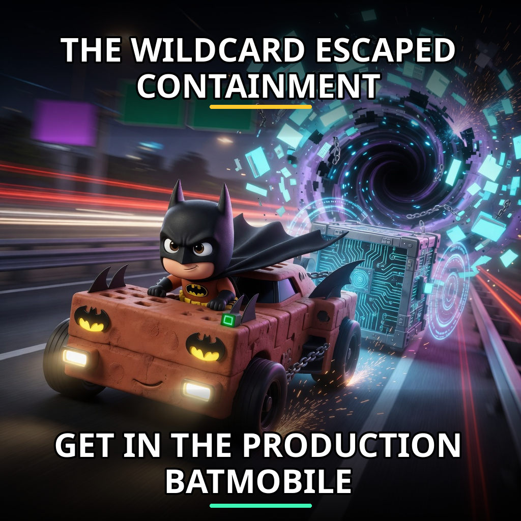 Brickman drives a brick Batmobile while towing production data away from a deletion vortex. Accession brickman-production-batmobile.