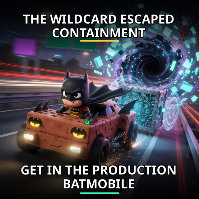 Brickman drives a brick Batmobile while towing production data away from a deletion vortex. Accession brickman-production-batmobile.