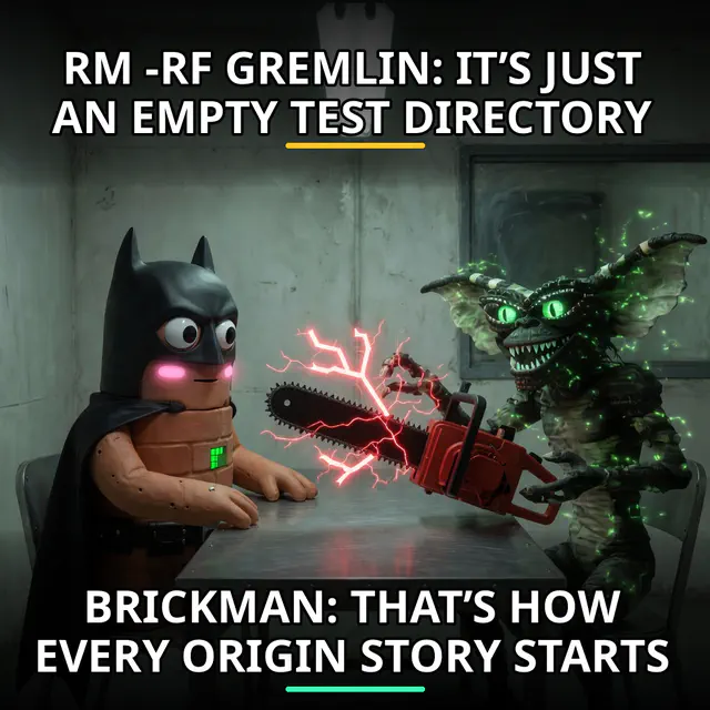 Brickman interrogates a glowing rm -rf gremlin offering a recursive deletion chainsaw. Accession brickman-rmrf-gremlin.