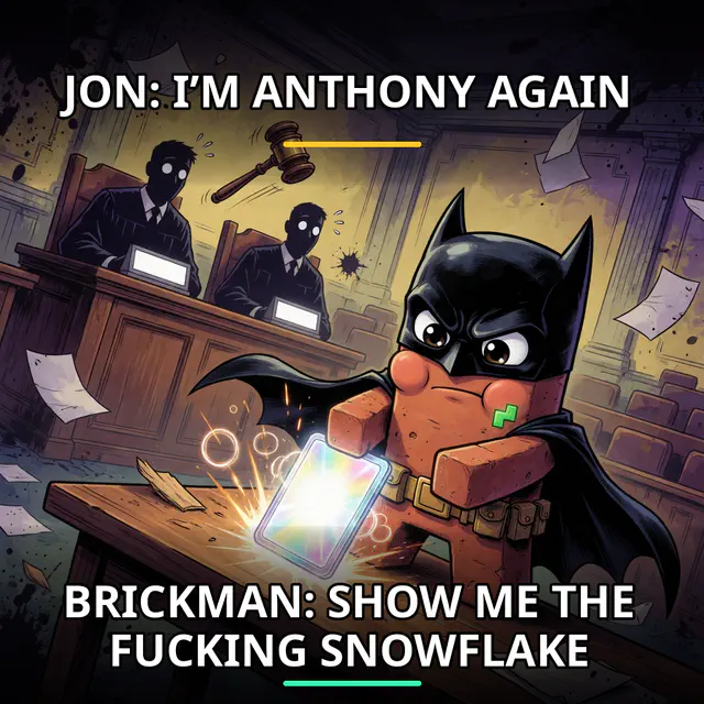 Brickman presents immutable sender identity evidence in a chaotic Gotham courtroom. Accession brickman-snowflake-court.