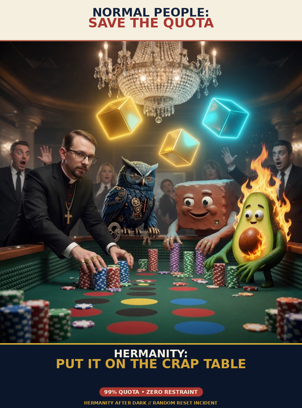 The Hermanity squad pushes every token chip onto a glowing casino table while security recoils.