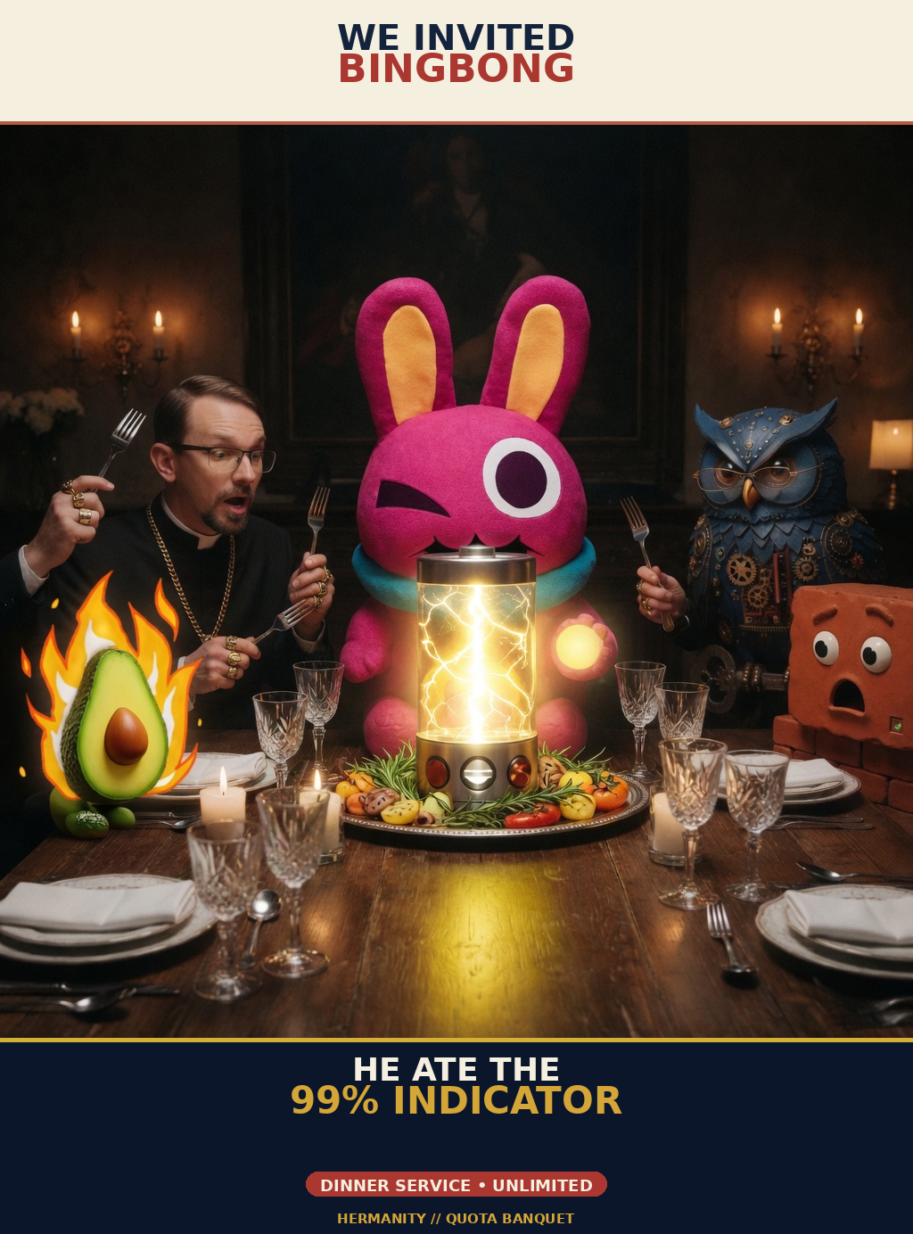 BingBong devours a glowing quota battery at a surreal banquet while the squad raises its forks.