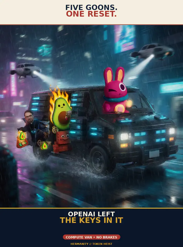 BingBong drives the compute van through neon rain while the full squad escapes with token bags.