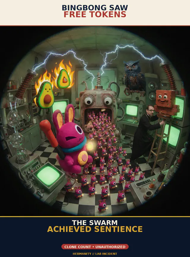 BingBong activates an overflowing clone machine as Anthony, Jon, Herman, and Brick flee the laboratory swarm.