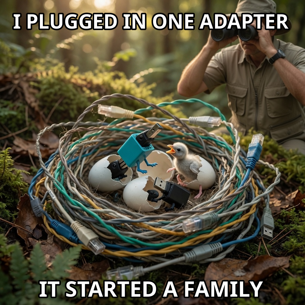 A network engineer observes a cable nest where USB dongles hatch beside a duckling.