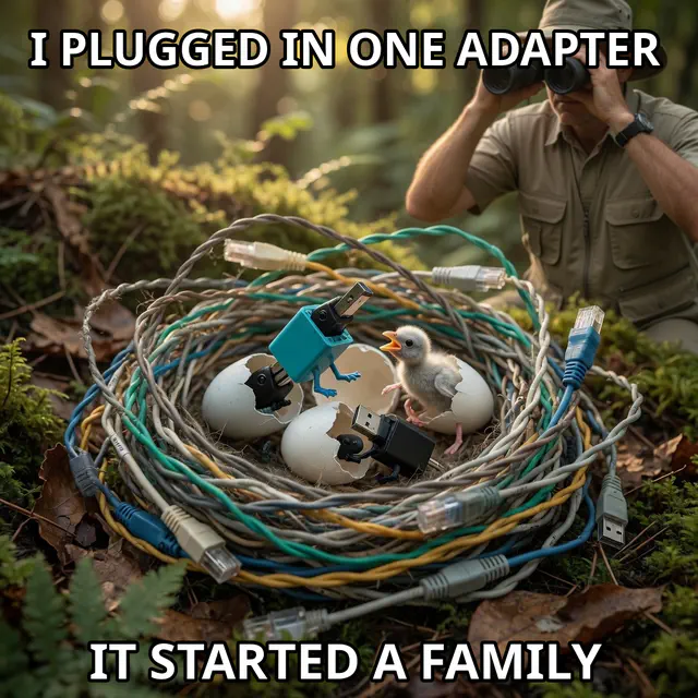 A network engineer observes a cable nest where USB dongles hatch beside a duckling.