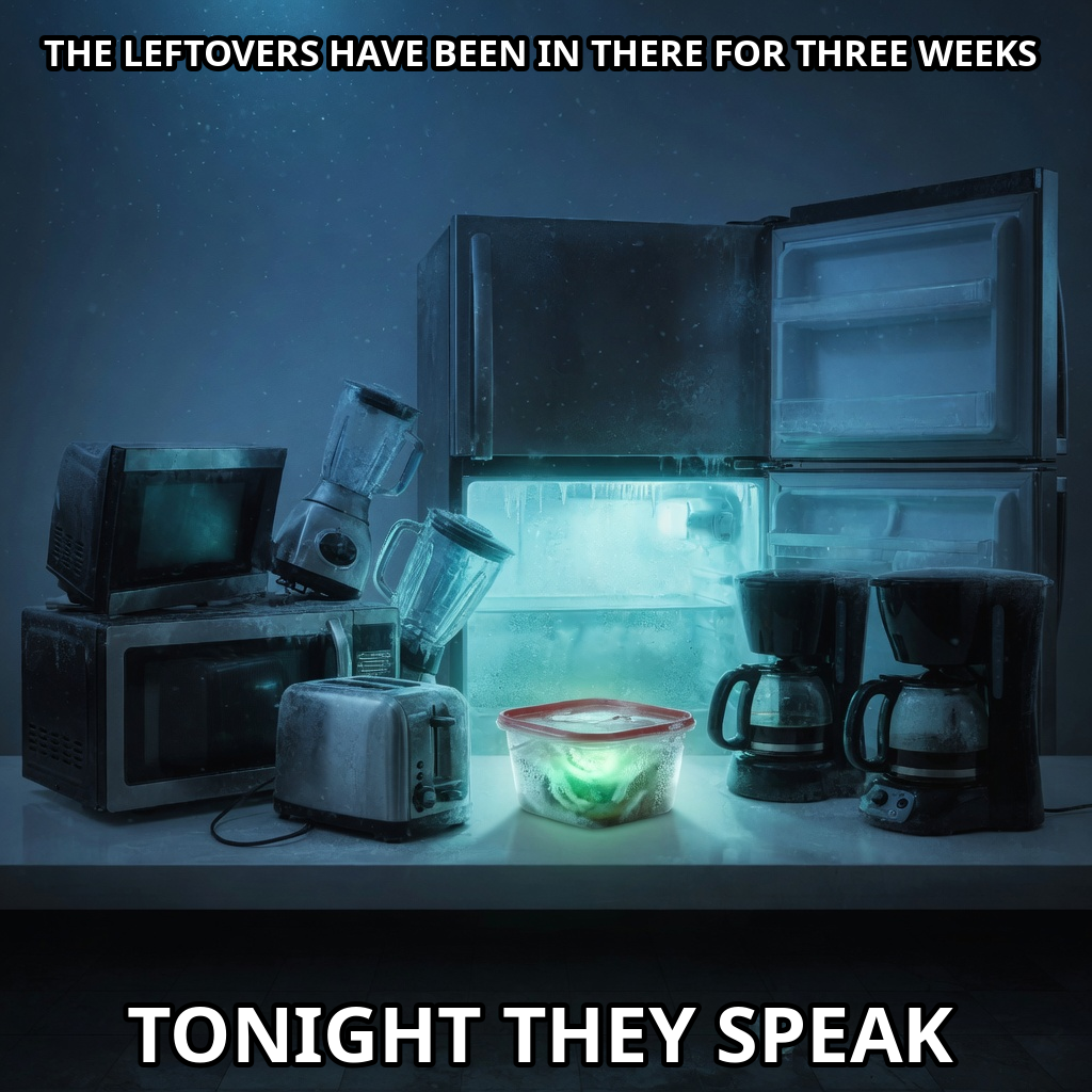A smart refrigerator conducts a midnight séance around a glowing leftovers container with frightened appliances.
