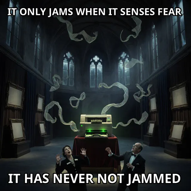 A haunted printer levitates paper jams through a gothic museum while curators panic.