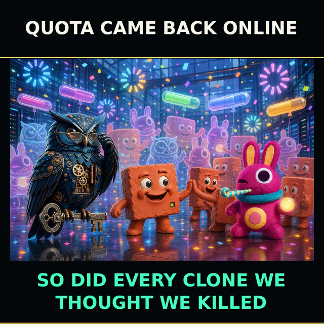 Herman owl, terracotta Brick, and magenta cyclops BingBong celebrate in a server room crowded with glowing agent clones.