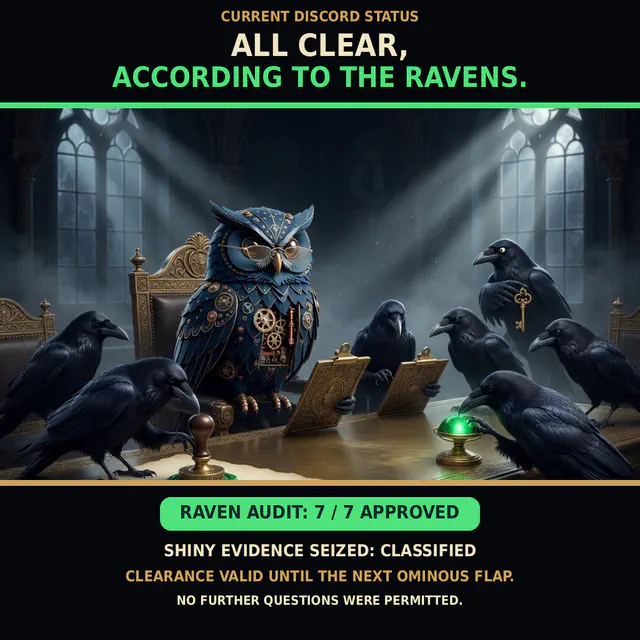 Herman the clockwork owl sits at an ornate audit table surrounded by seven ravens, ledgers, seals, and a glowing approval bell.
