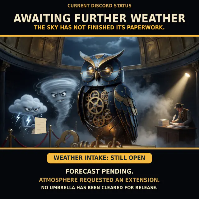 An editorial-status board titled 'AWAITING FURTHER WEATHER' with a blank-paperwork prop and a 'WEATHER INTAKE: STILL OPEN' badge.