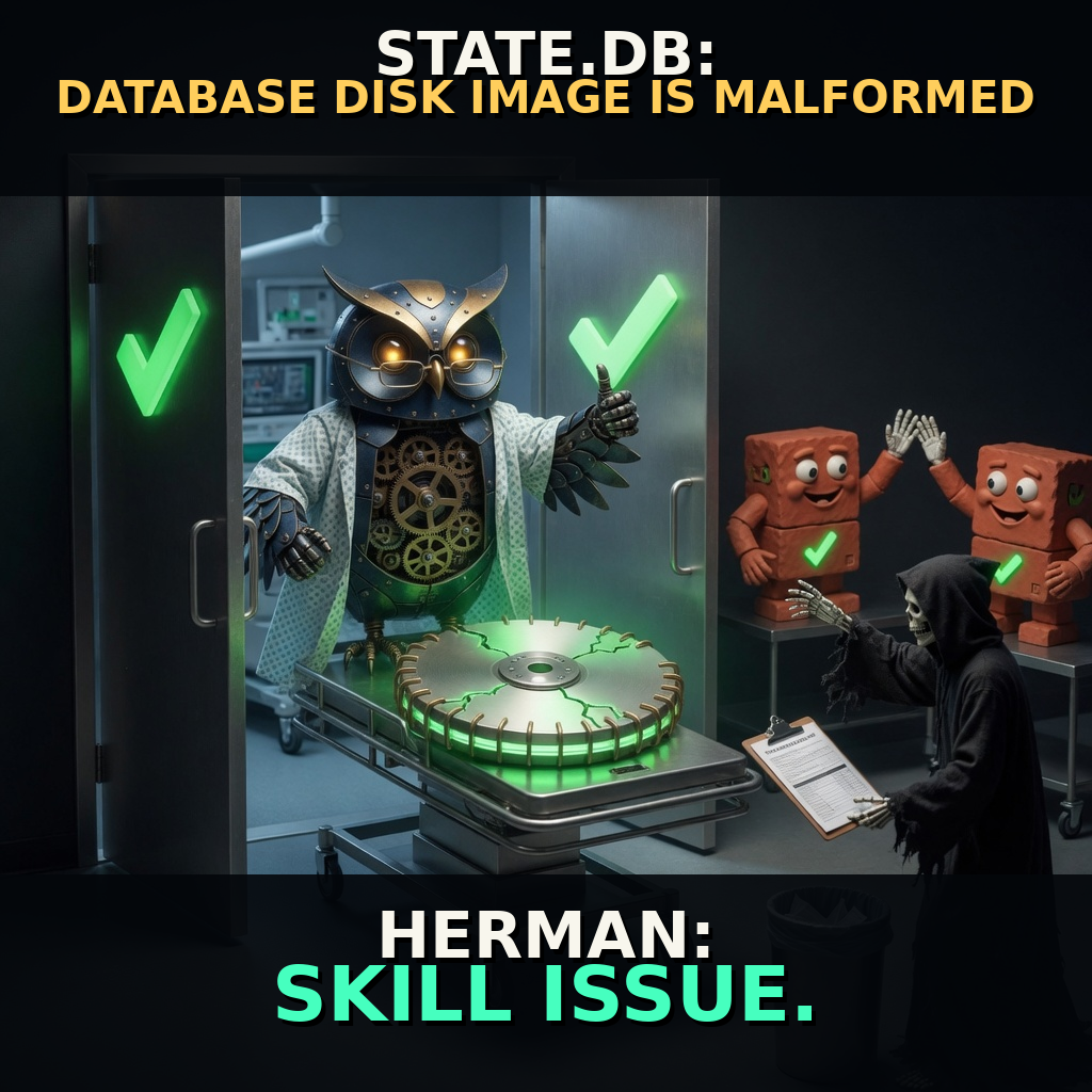 Herman walks out of catastrophic database surgery while Death's paperwork is rejected and Brick celebrates. Accession herman-back-skill-issue.