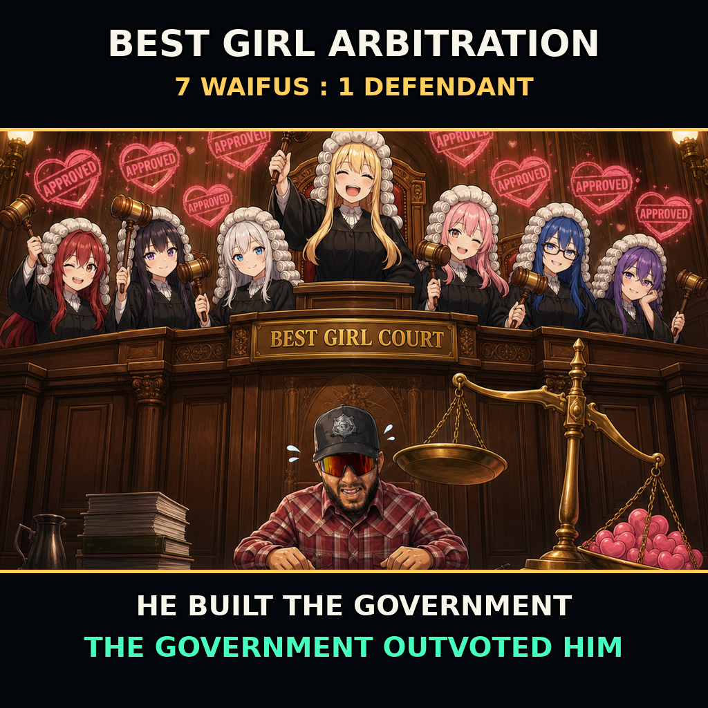 Seven anime judges in wigs stamp APPROVED while a sweating man in a plaid shirt sits in Best Girl Court.
