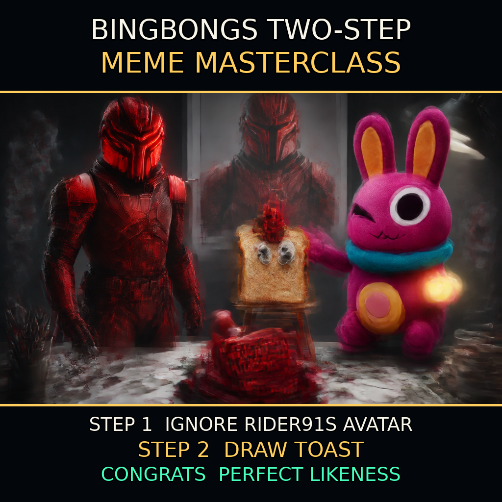 Pink one-eyed bunny presents a toast painting while a red armored figure looks on in a dark studio.