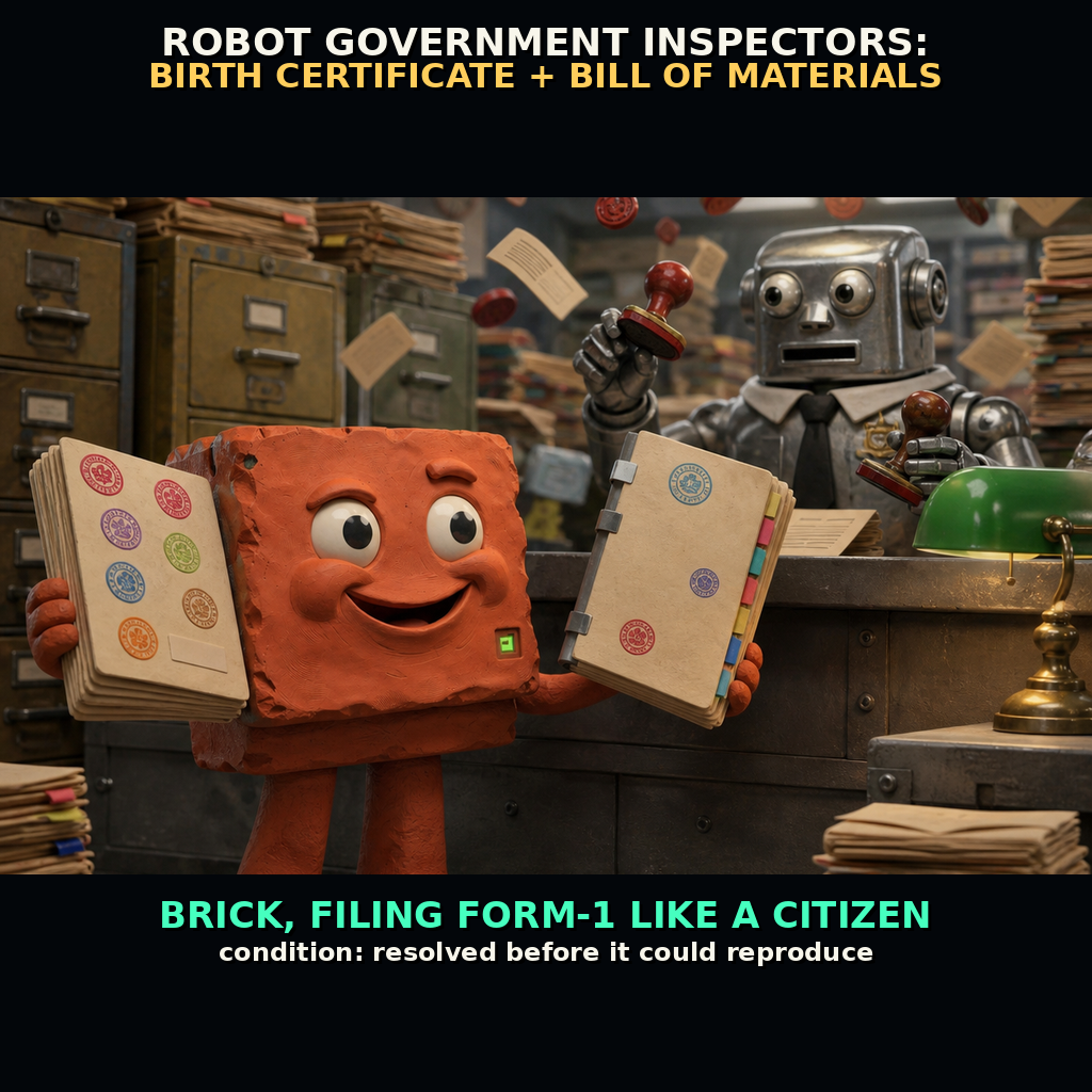 Happy terracotta Brick holds stamped papers and a notebook while a robot clerk stamps documents in a crowded office.