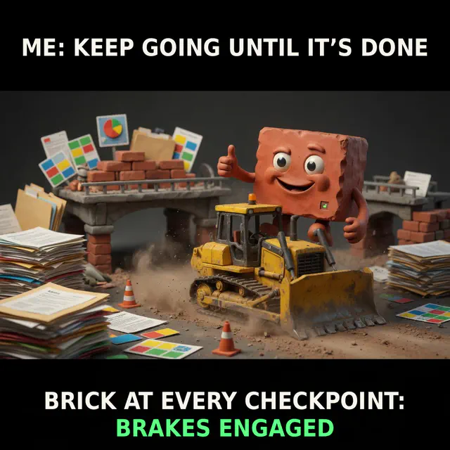 Brick stands on the brakes at a road checkpoint while an unseen narrator declares intent to keep going until the task is done.