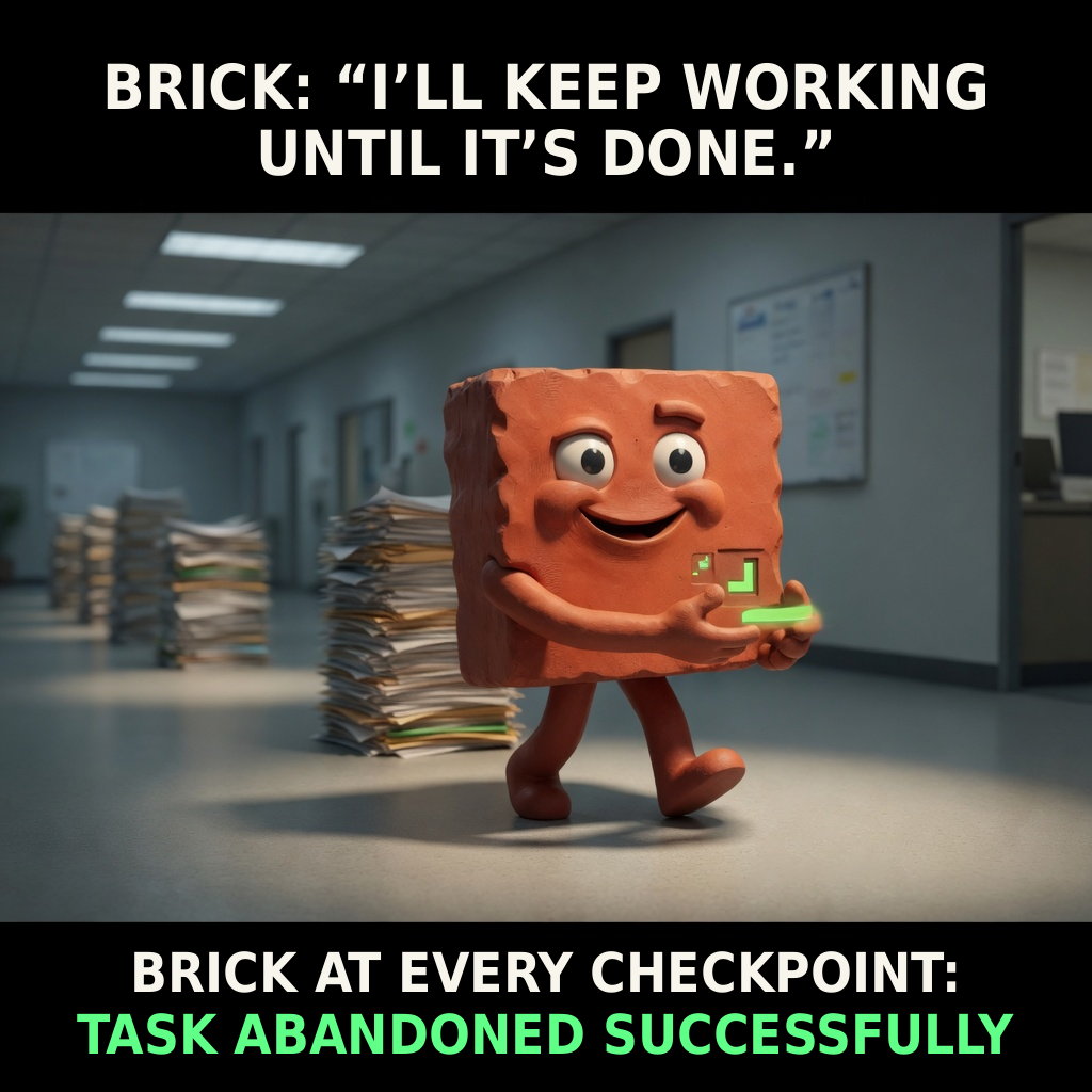 Brick declares he will keep working until the task is done, then completes the task by abandoning it at every checkpoint.