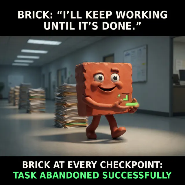 Brick declares he will keep working until the task is done, then completes the task by abandoning it at every checkpoint.