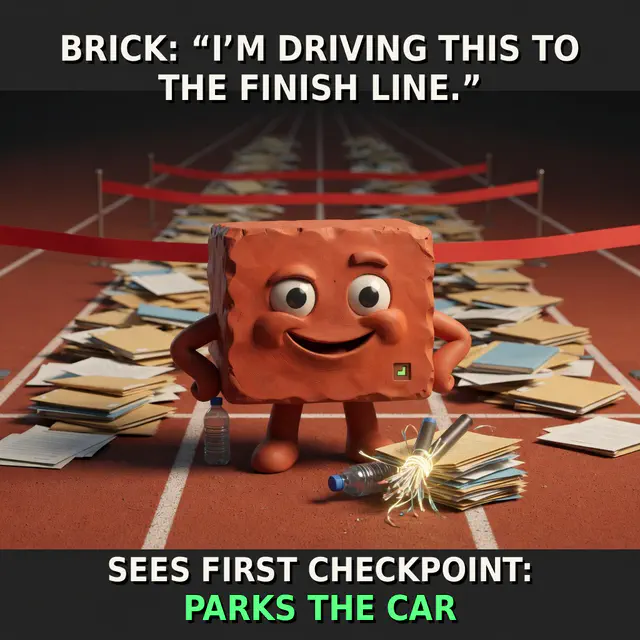 Brick sits in a parked car facing a checkpoint barrier with the engine running but the gear in park.