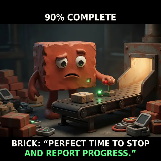 Brick halts at ninety-percent progress with a status report prepared while an unseen narrator declares the perfect time to stop.