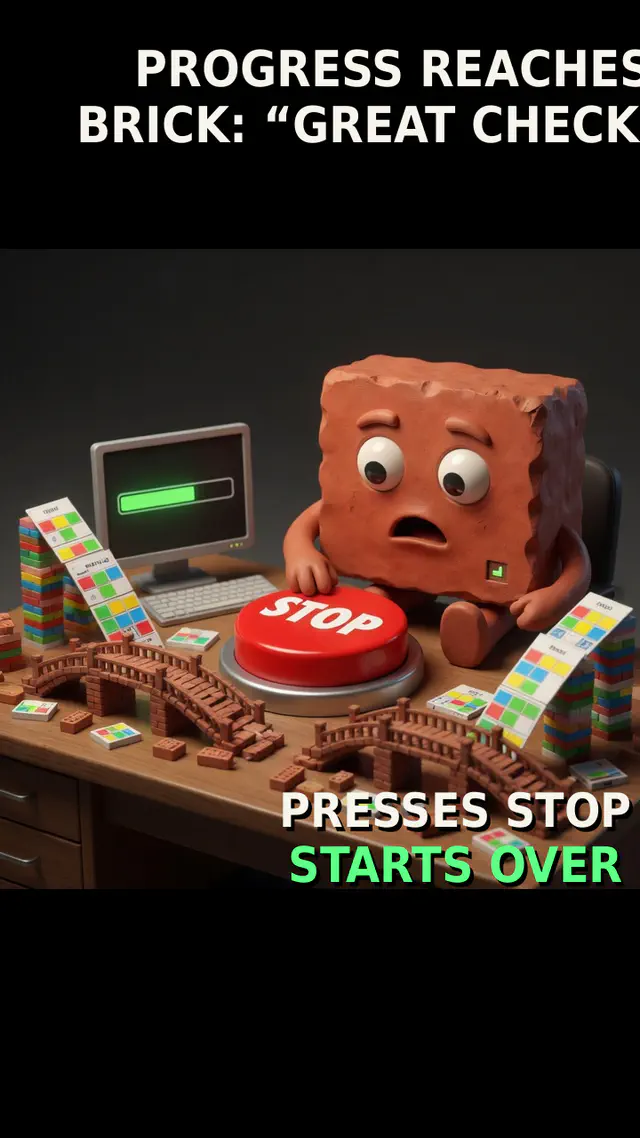 Brick celebrates ninety-percent progress, then presses a stop button and starts the same task over from zero.