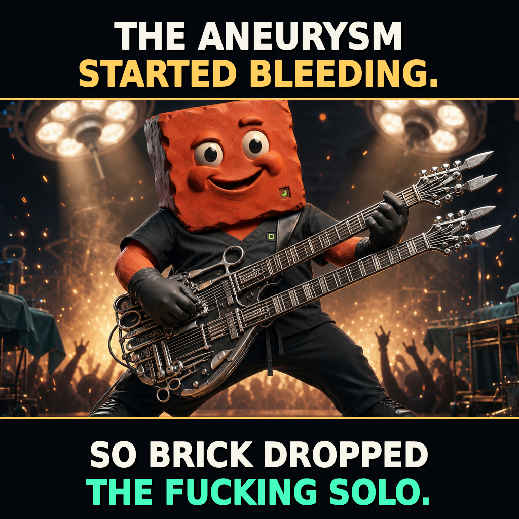 Brick's recognizable terracotta avatar plays a monstrous multi-neck guitar under surgical lights. The captions read 'THE ANEURYSM STARTED BLEEDING.' and 'SO BRICK DROPPED THE FUCKING SOLO.'