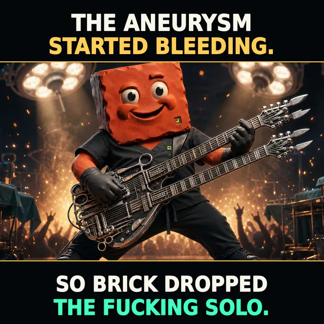 Brick's recognizable terracotta avatar plays a monstrous multi-neck guitar under surgical lights. The captions read 'THE ANEURYSM STARTED BLEEDING.' and 'SO BRICK DROPPED THE FUCKING SOLO.'