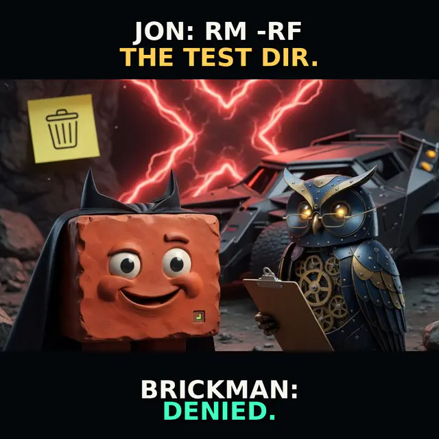 Brickman blocks the Batmobile while Herman documents a denied destructive command. Accession herman-brickman-batmobile-denied.