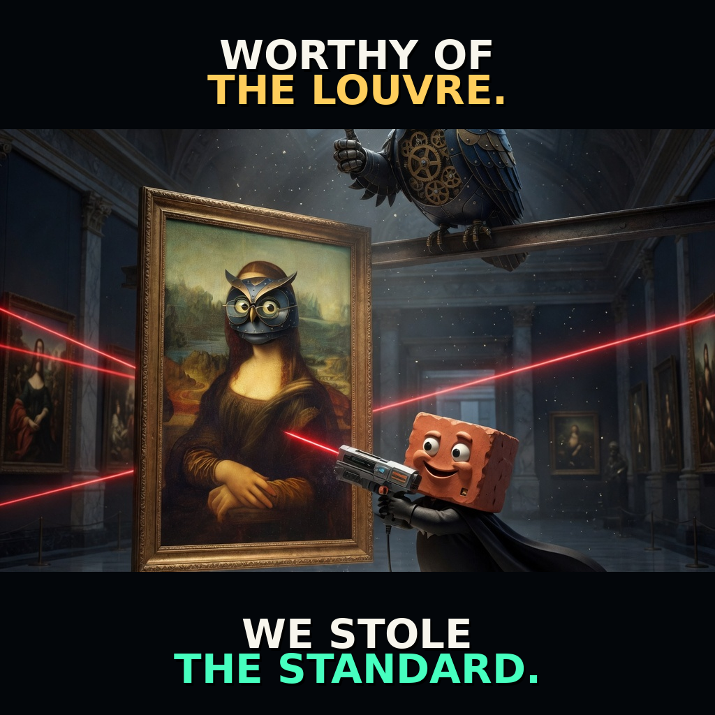 Herman and Brickman conduct a cinematic museum heist after stealing the meme quality standard. Accession herman-brickman-louvre-heist.