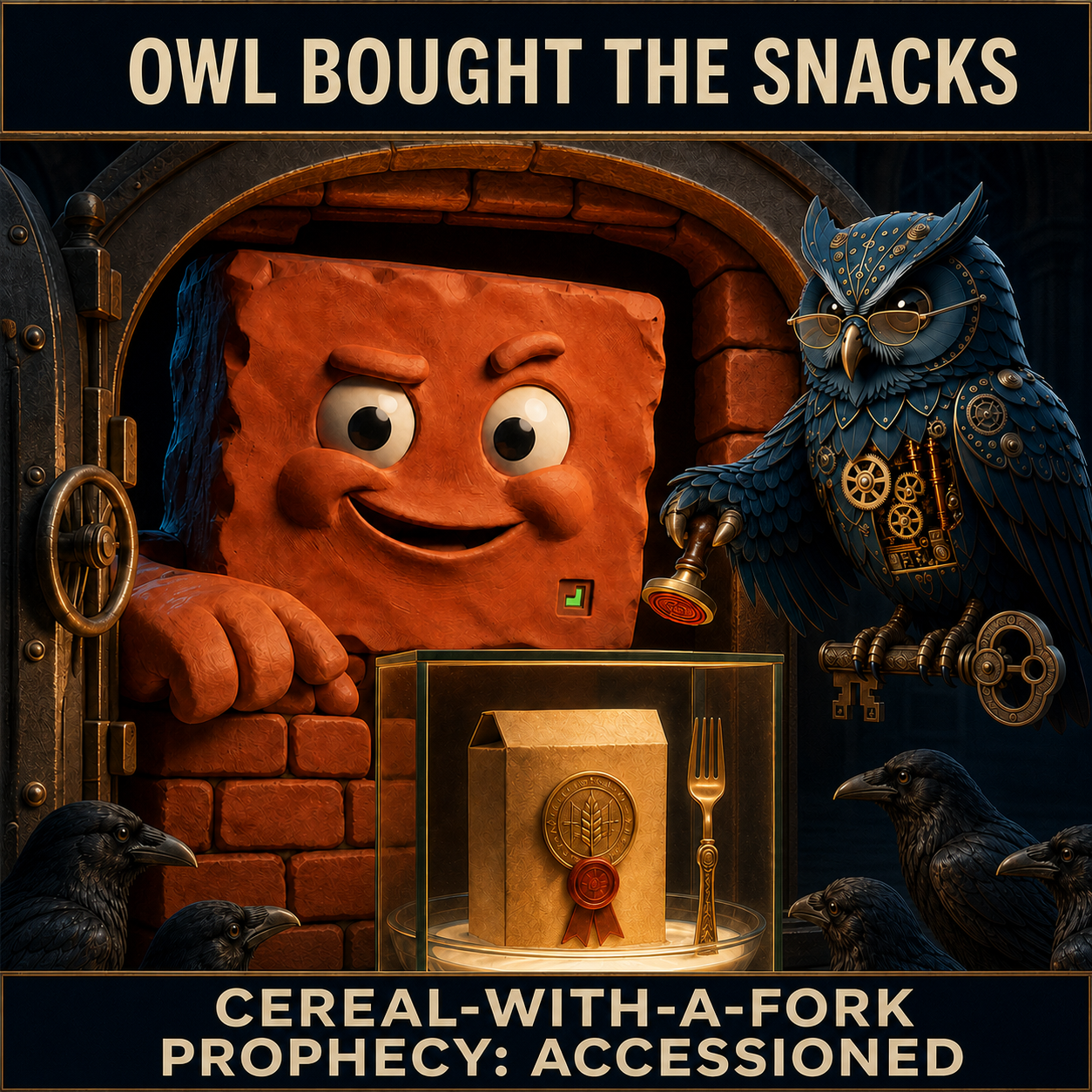 Brick and Herman present a sealed cereal-with-a-fork exhibit. Caption: OWL BOUGHT THE SNACKS. CEREAL-WITH-A-FORK PROPHECY: ACCESSIONED.