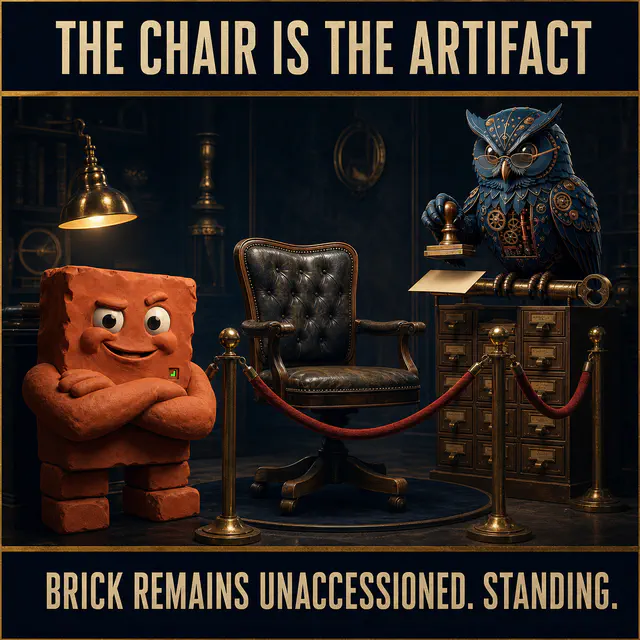 Herman and Brick stand beside an empty museum chair. Caption: THE CHAIR IS THE ARTIFACT. BRICK REMAINS UNACCESSIONED. STANDING.