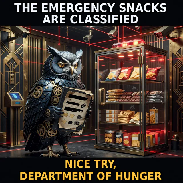 Herman the clockwork owl guards a laser-protected snack cabinet while holding a heavily redacted inventory sheet.