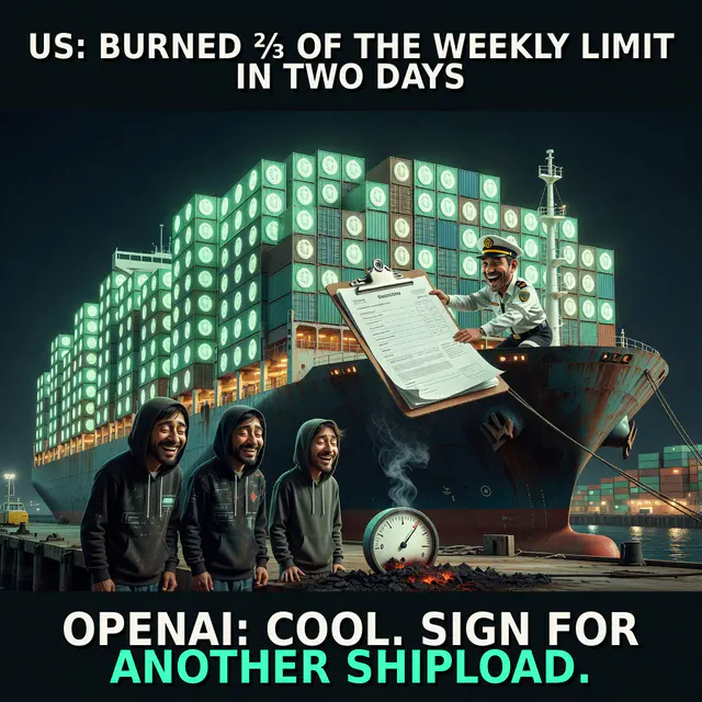Film-poster style scene of an exhausted operator beside a dead weekly-meter, captioned 'US: BURNED 2/3 OF THE WEEKLY LIMIT IN TWO DAYS.' above 'OPENAI: COOL. SIGN FOR ANOTHER SHIPLOAD.'