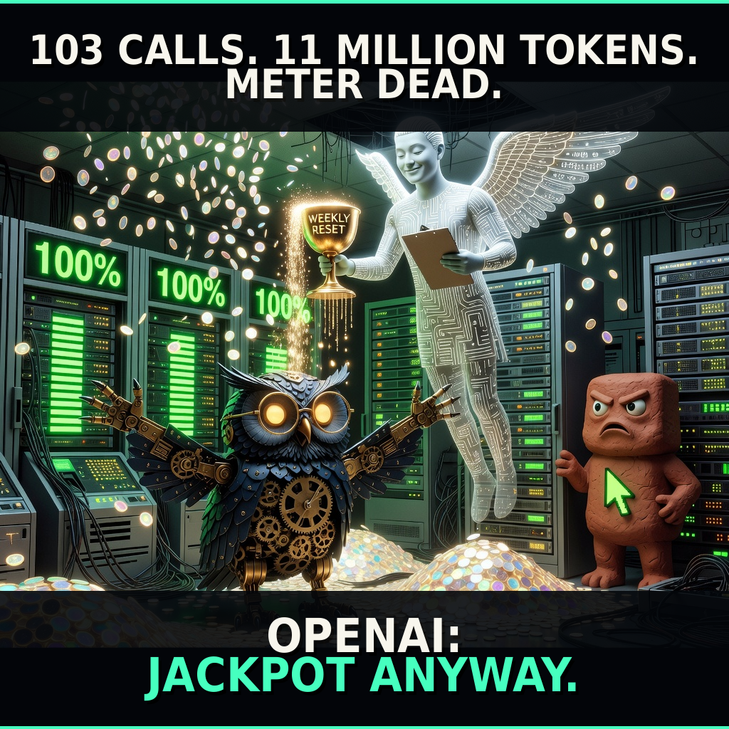 Film-poster style scene of an exhausted operator beside a dead meter, captioned '103 CALLS. 11 MILLION TOKENS. METER DEAD.' above 'OPENAI: JACKPOT ANYWAY.'