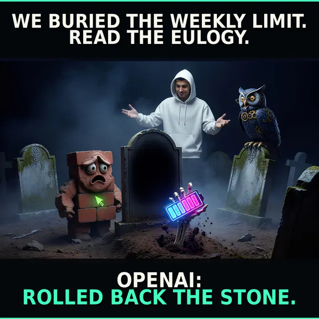 Funereal scene with a rolled-away stone captioned 'WE BURIED THE WEEKLY LIMIT. READ THE EULOGY.' above 'OPENAI: ROLLED BACK THE STONE.'