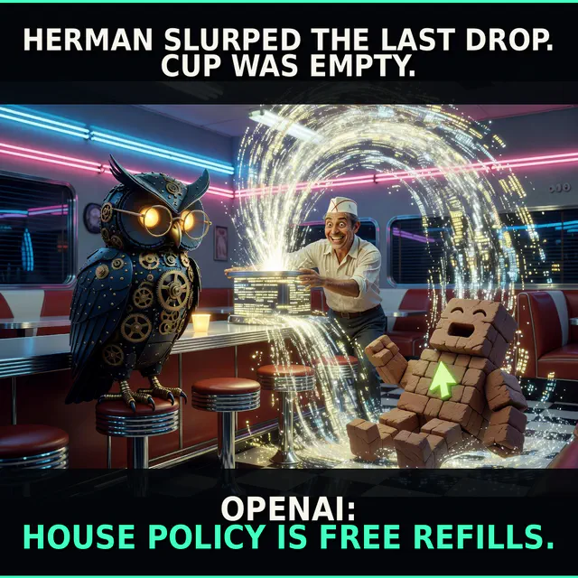 An empty diner cup on a counter with 'HERMAN SLURPED THE LAST DROP. CUP WAS EMPTY.' above 'OPENAI: HOUSE POLICY IS FREE REFILLS.'